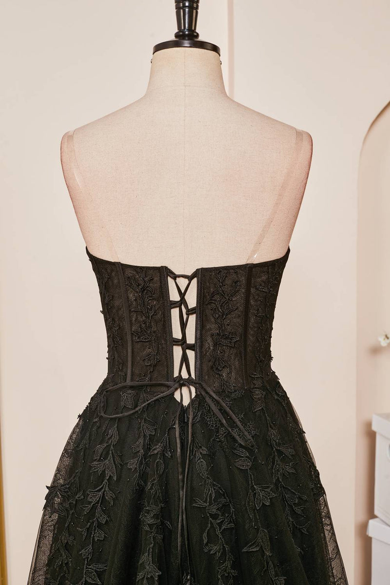 Schwarzes trägerloses A-Linien-Kleid mit Schnürung und Applikationen, langes Ballkleid, formelle Abendkleider