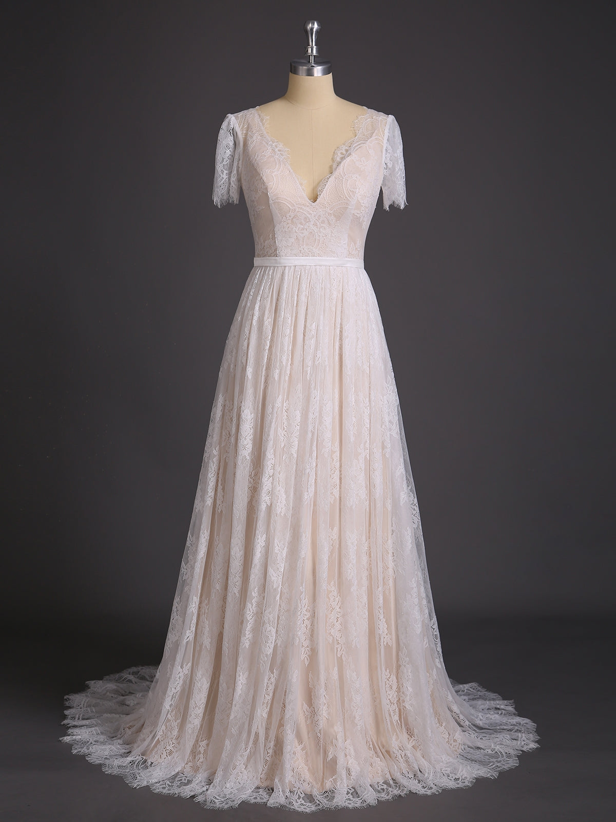 V-neck Lace Wedding Dress with Short Sleeves-Champagne Bridal Gowns Dresses