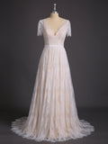 V-neck Lace Wedding Dress with Short Sleeves-Champagne Bridal Gowns Dresses