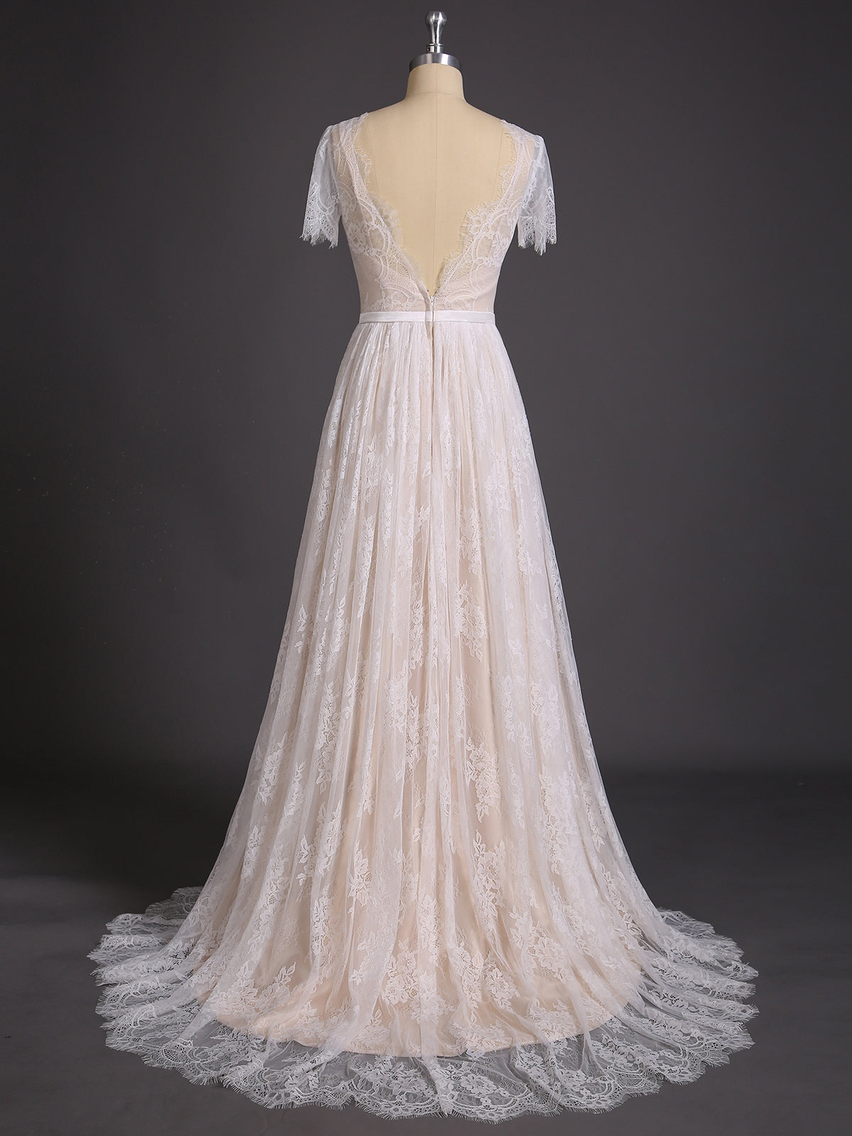 V-neck Lace Wedding Dress with Short Sleeves-Champagne Bridal Gowns Dresses