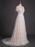 V-neck Lace Wedding Dress with Short Sleeves-Champagne Bridal Gowns Dresses