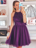 Purple Homecoming Dress Halter Neckline, Short Prom Dress ,Formal Dress, Pageant Dance Dresses, Back To School Party Gown, KB0826