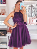 Purple Homecoming Dress Halter Neckline, Short Prom Dress ,Formal Dress, Pageant Dance Dresses, Back To School Party Gown, KB0826