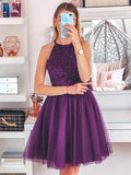 Purple Homecoming Dress Halter Neckline, Short Prom Dress ,Formal Dress, Pageant Dance Dresses, Back To School Party Gown, KB0826