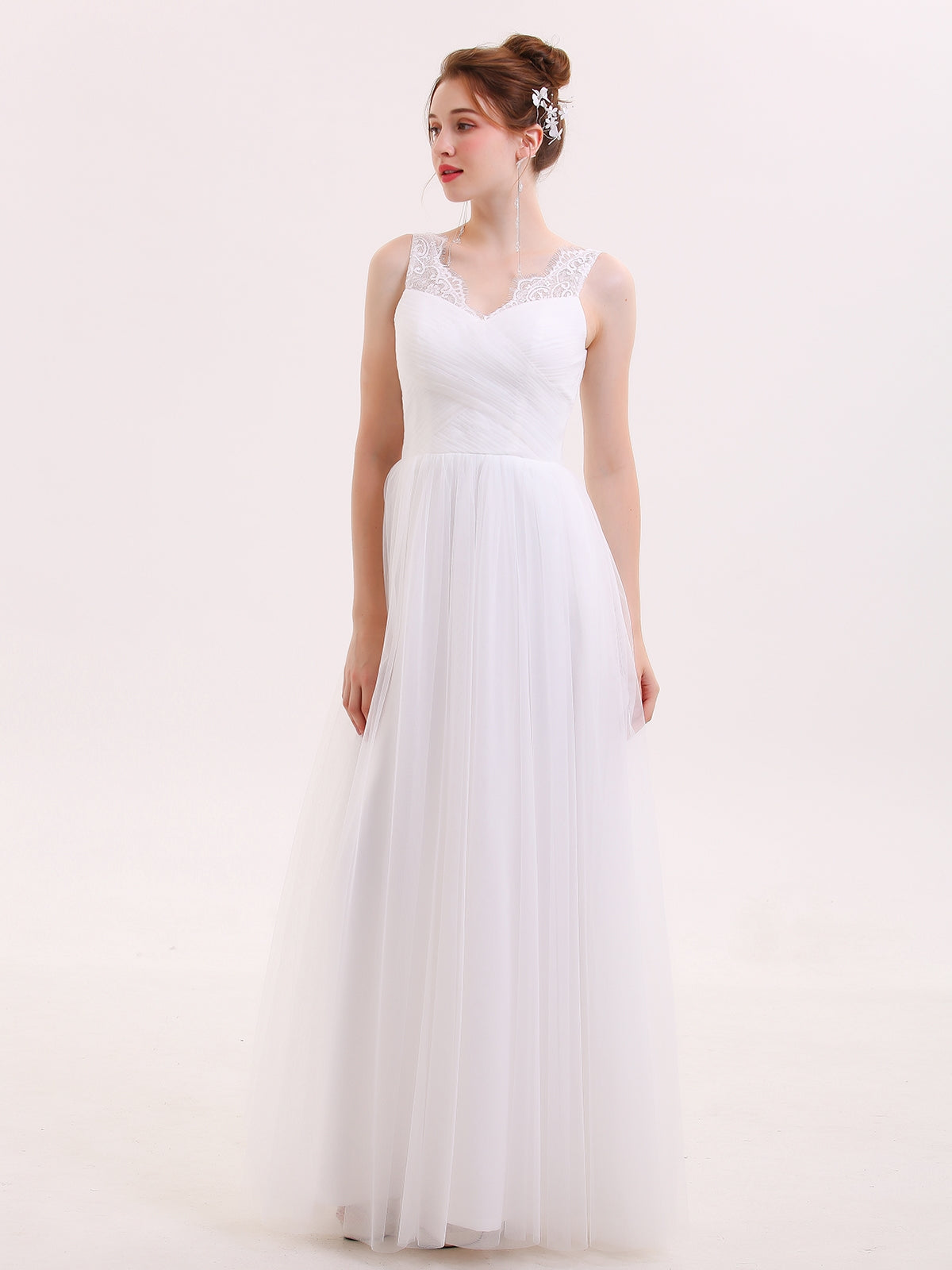 Tulle Full Length Dress with Lace Strap-White Bridal Gowns Wedding Dresses