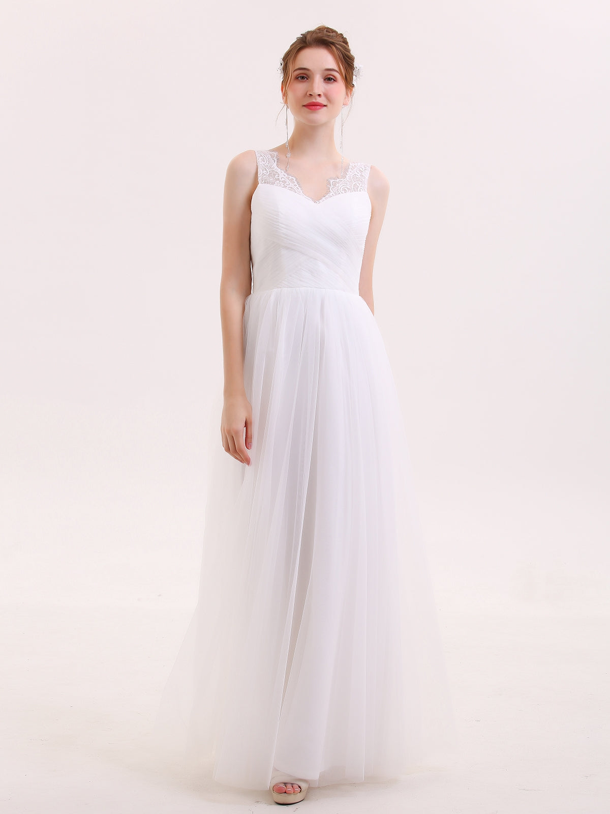 Tulle Full Length Dress with Lace Strap-White Bridal Gowns Wedding Dresses