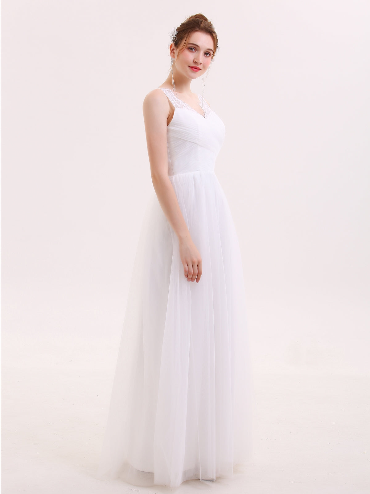 Tulle Full Length Dress with Lace Strap-White Bridal Gowns Wedding Dresses
