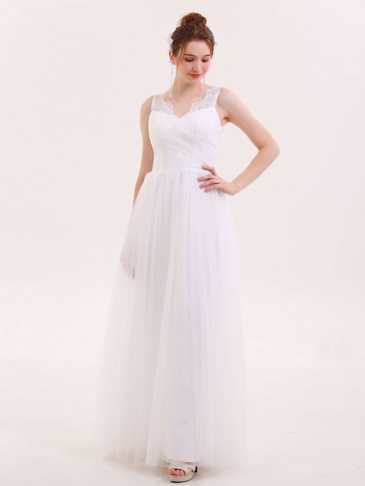Tulle Full Length Dress with Lace Strap-White Bridal Gowns Wedding Dresses