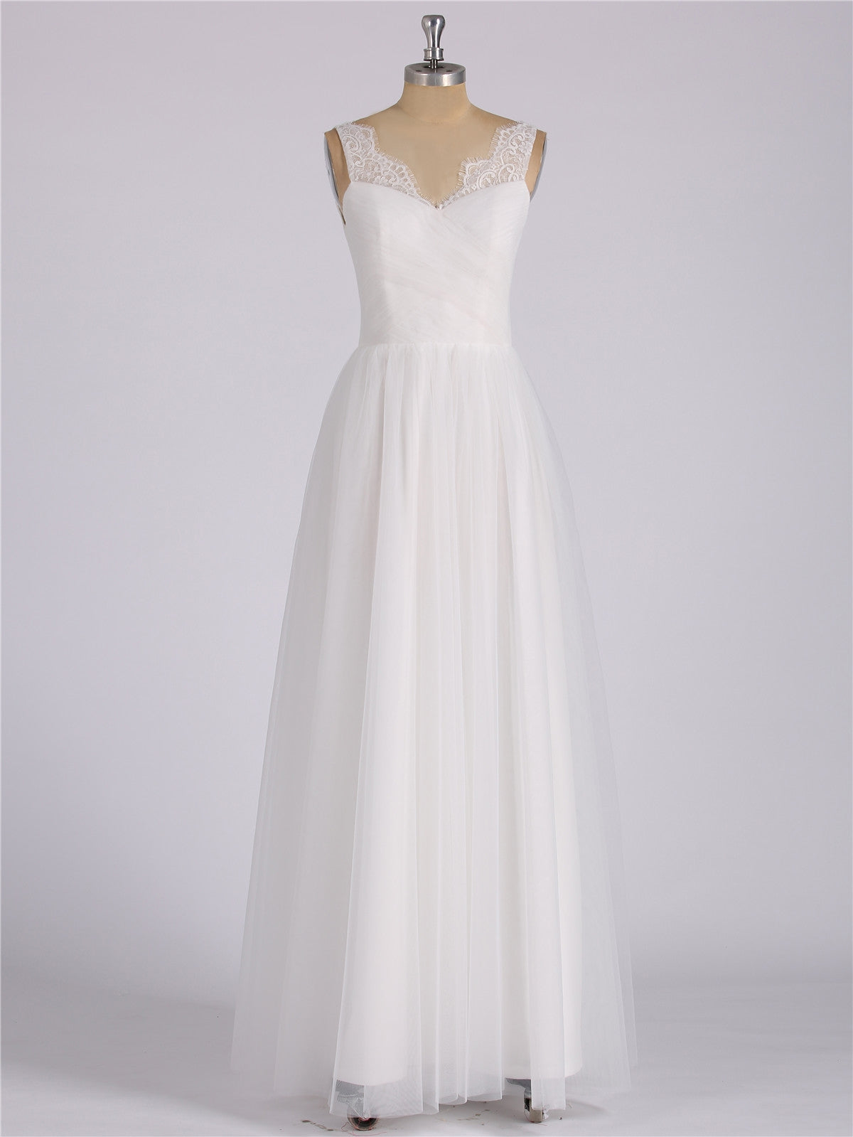 Tulle Full Length Dress with Lace Strap-White Bridal Gowns Wedding Dresses