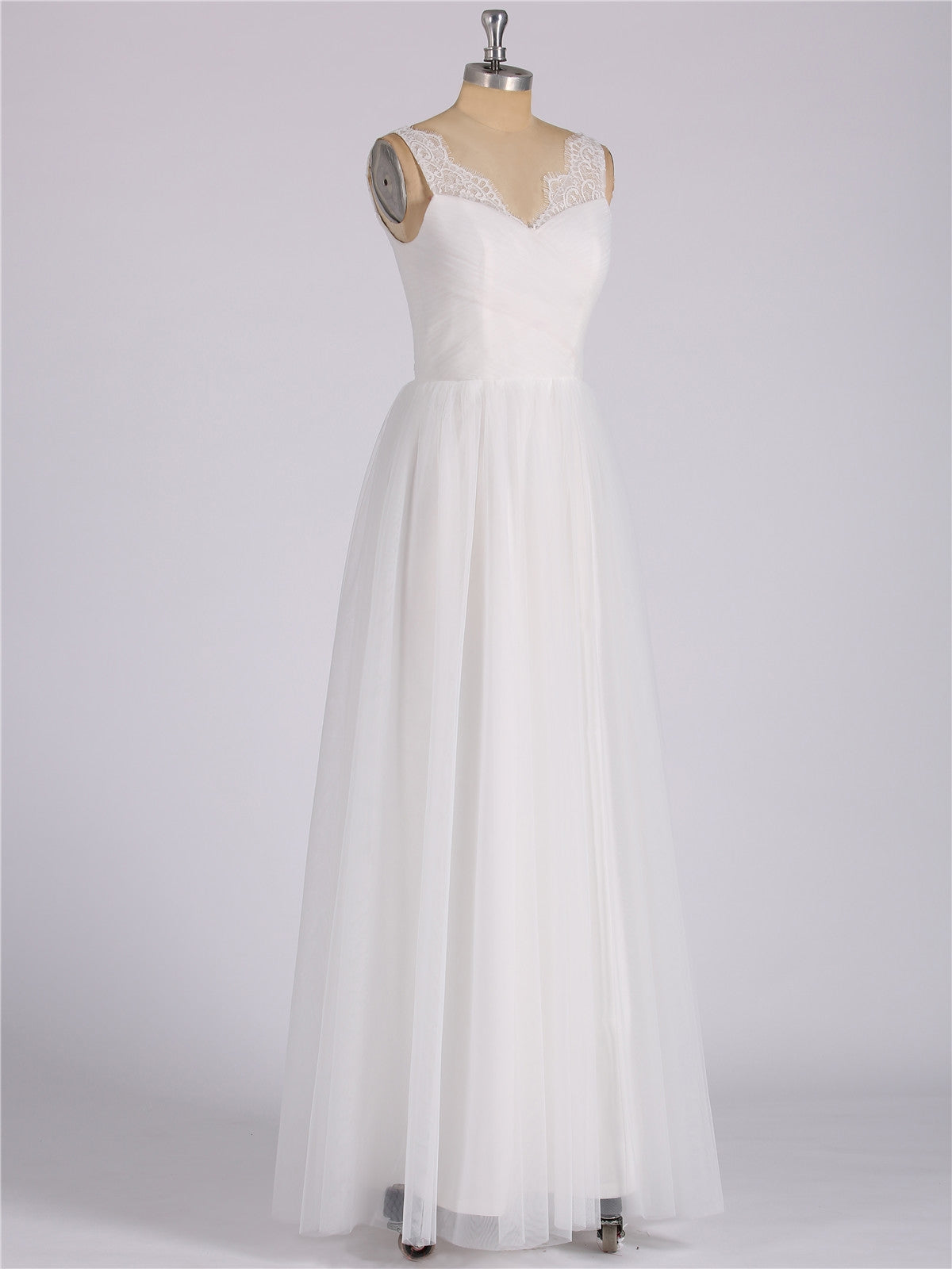 Tulle Full Length Dress with Lace Strap-White Bridal Gowns Wedding Dresses