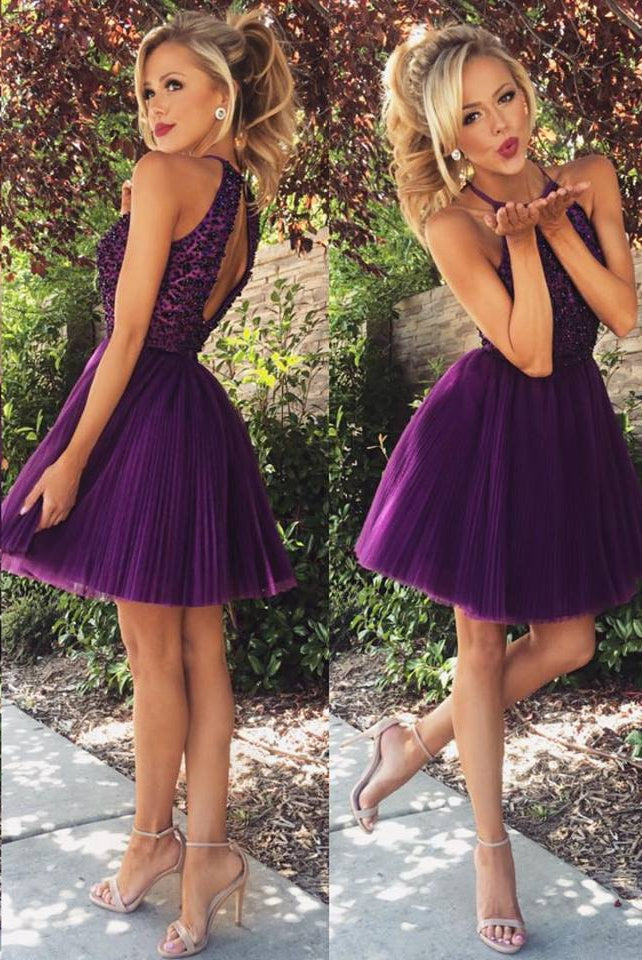 Classic Purple Homecoming Dress Halter Neckline, Short Prom Dress, Dance Dress, Formal Dress, Graduation School Party Gown, PC0576 - Promcoming