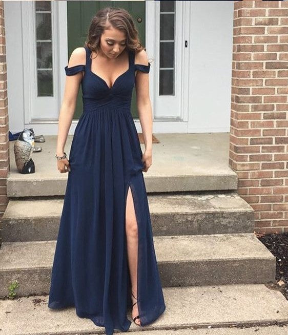 Sexy Navy Prom Dress Long Chiffon Fabric with Slit