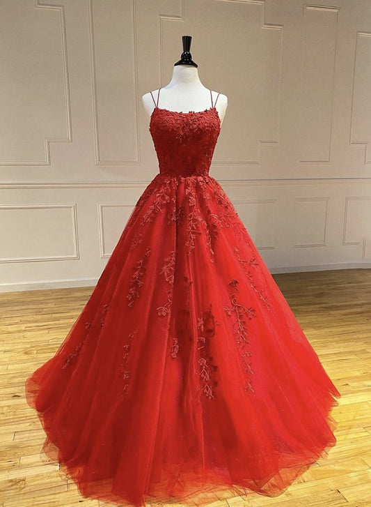 Red Lace Prom Dress Lace Up Back, Formal Dress, Evening Dress, Dance Dresses, School Party Gown, KB0789