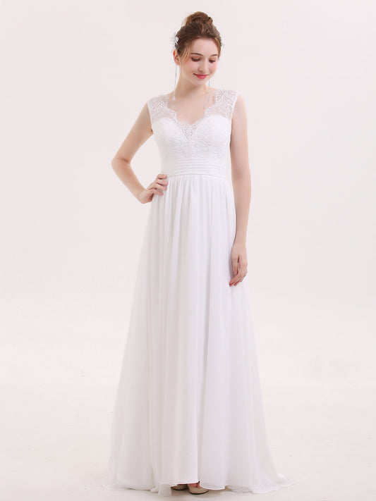 V-neck Chiffon Beach Wedding Dress with Bow-Ivory Bridal Gowns Dresses