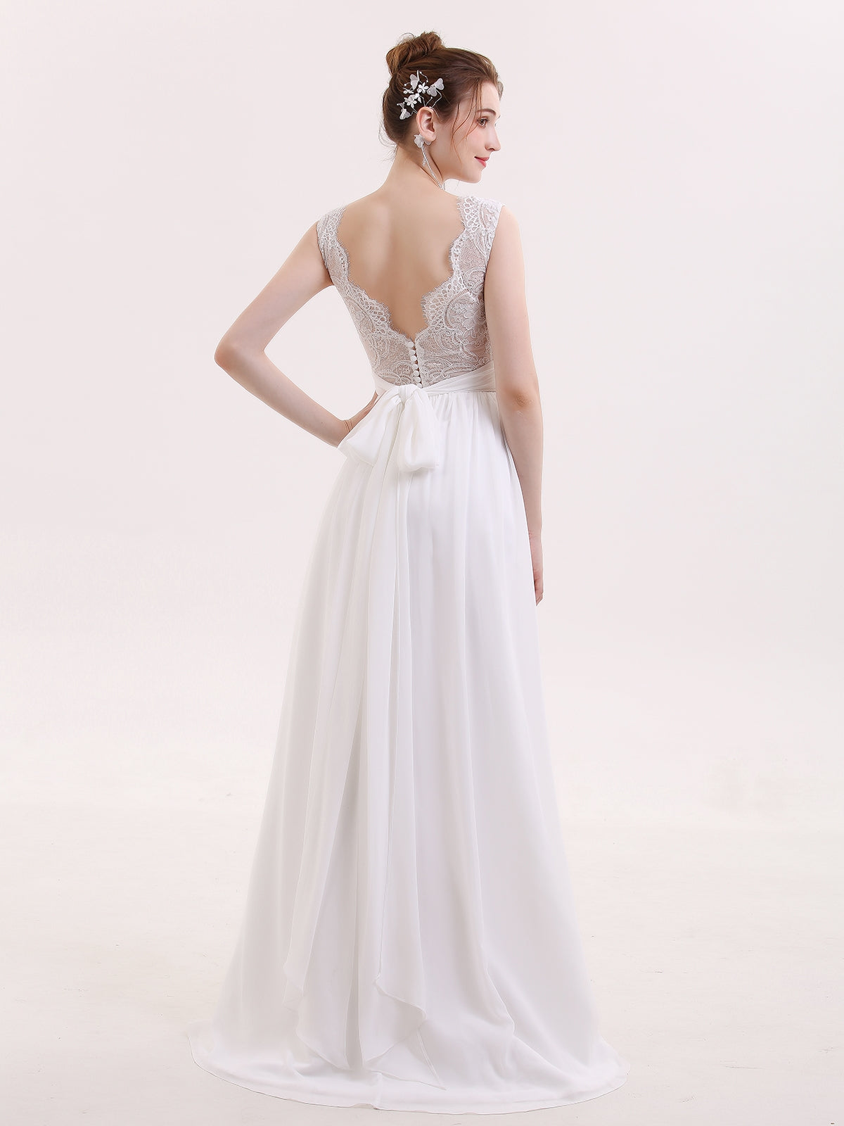 V-neck Chiffon Beach Wedding Dress with Bow-Ivory Bridal Gowns Dresses