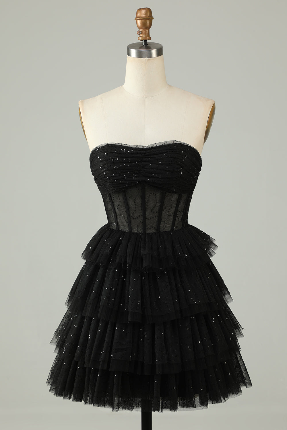 Black Corset Cute Tiered Sparkly Homecoming Dress with Ruffles Prom Cocktail Dresses