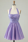Purple A-Line Satin Halter Homecoming Dress with Pleated Prom Cocktail Dresses