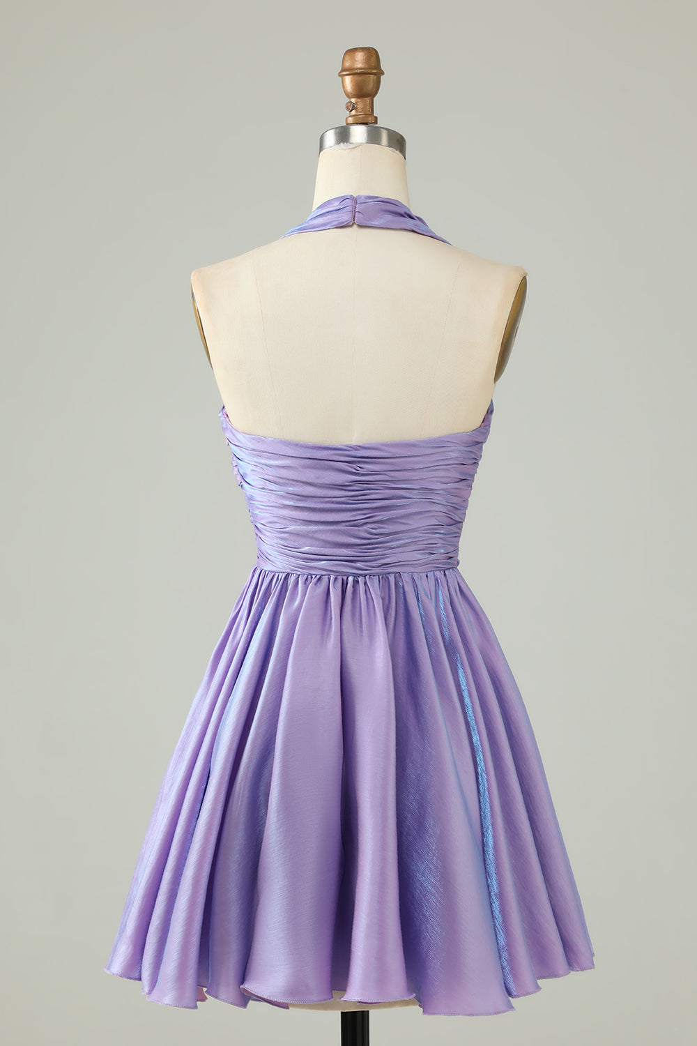 Purple A-Line Satin Halter Homecoming Dress with Pleated Prom Cocktail Dresses