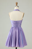 Purple A-Line Satin Halter Homecoming Dress with Pleated Prom Cocktail Dresses