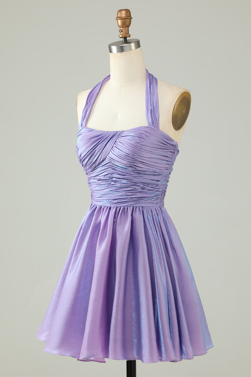 Purple A-Line Satin Halter Homecoming Dress with Pleated Prom Cocktail Dresses