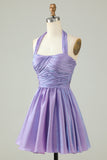 Purple A-Line Satin Halter Homecoming Dress with Pleated Prom Cocktail Dresses