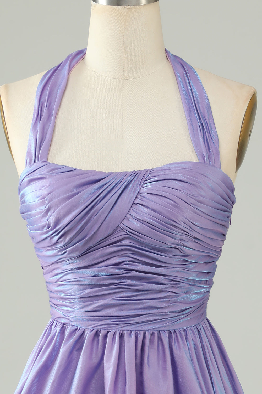 Purple A-Line Satin Halter Homecoming Dress with Pleated Prom Cocktail Dresses