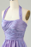Purple A-Line Satin Halter Homecoming Dress with Pleated Prom Cocktail Dresses
