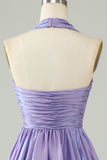 Purple A-Line Satin Halter Homecoming Dress with Pleated Prom Cocktail Dresses